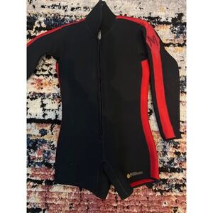 Fathom Vintage Neoprene Shorty Wetsuit Black Red Front Zip Spring Suit Size 7 M